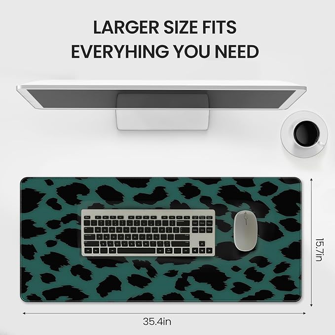 XXL Gaming Mousepad, Green and Black Leopard Print, 35.4 x 15.7 inches, Non-Slip Rubber Base, Extended Desktop pad