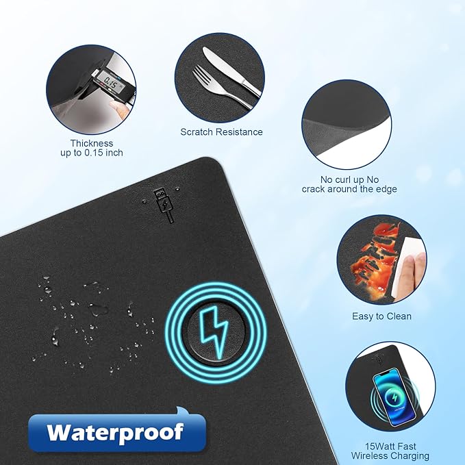 Wireless Charging Desk Mat with Desk Pad for Desktop Charging Large Mouse Pad Waterproof Leather Computer Mat Mouse Pad Non-Slip Protector on Top of Desks for Keyboard and Mouse (black-r, 32*16inch)