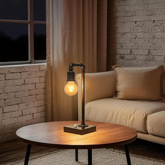 Industrial Table Lamp for Bedroom, Fully Dimmable Bedside Lamp with USB C+A Ports, Vintage Lamp with Water Pipe Design, Steampunk Table Lamps for Living Room, Dorm, Office, 6W LED Bulb Included
