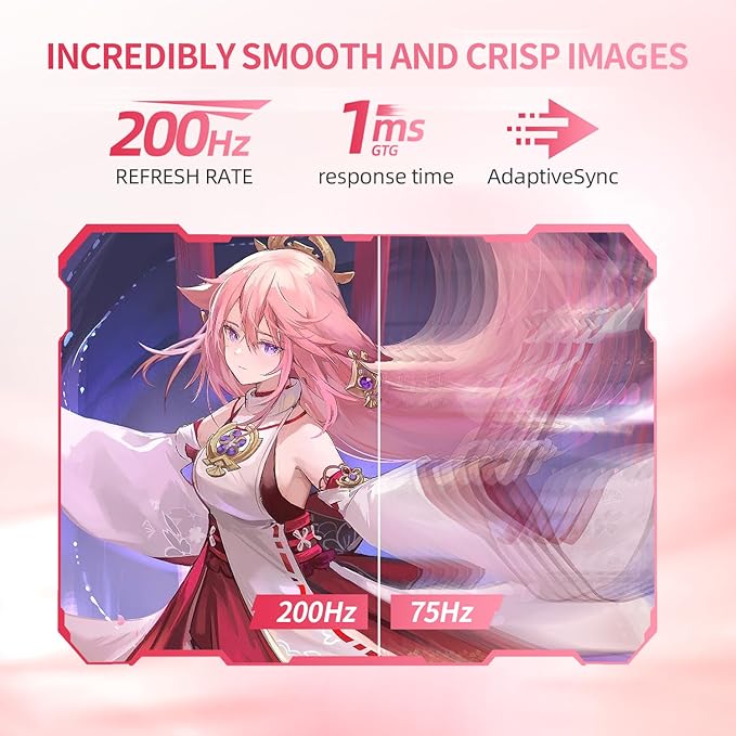27 Inch Pastel Pink Gaming Monitor QHD 2560x1440 180/200Hz 1ms GTG Fast IPS Computer Monitor, 90% DCI-P3, Adaptive Sync, Built in Speaker, Height/Swivel/Tilt/Pivot Adjustable Stand, HDMI,DP