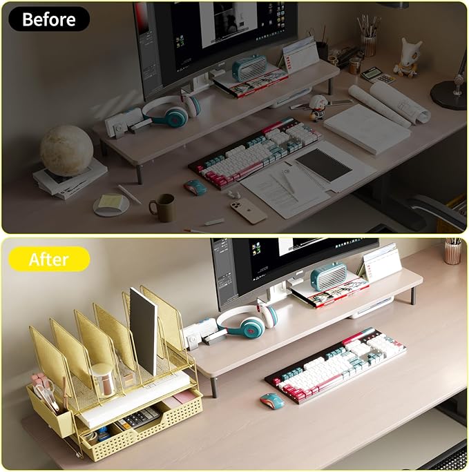 Gold Desk Organizer, Office Organization with Vertical File Holder, File Organizer with Drawer and Pen Holder, Desk Accessories and Workspace Organizers for Home Office (Gold)