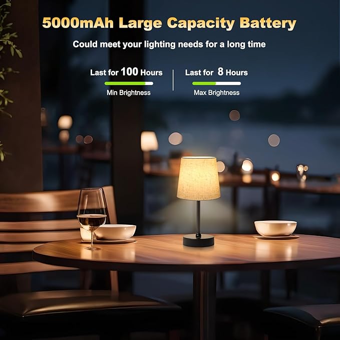 Small Cordless Table Lamp,5000mAh Rechargeable Battery Operated Desk Lamp,3 Colors & 7 RGB Stepless Dimmable, Portable Touch Wireless Lamp for Bedroom,Dining Table,Restaurant 2 Pack (Flaxen)