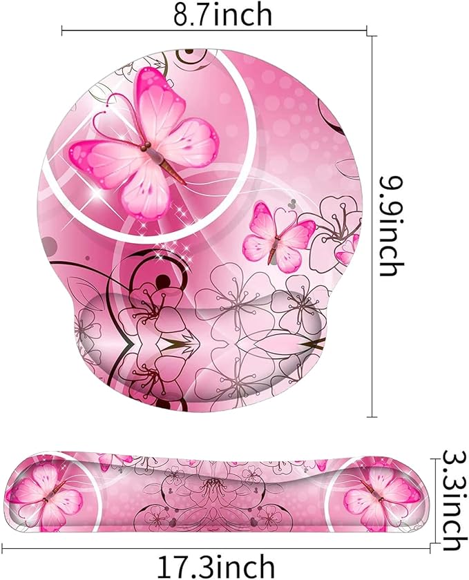 RICHEN Keyboard Wrist Rest and Mouse Pad with Wrist Support, Memory Foam Set for Gaming and Office, Comfortable & Lightweight for Easy Typing (Pink Butterfly)
