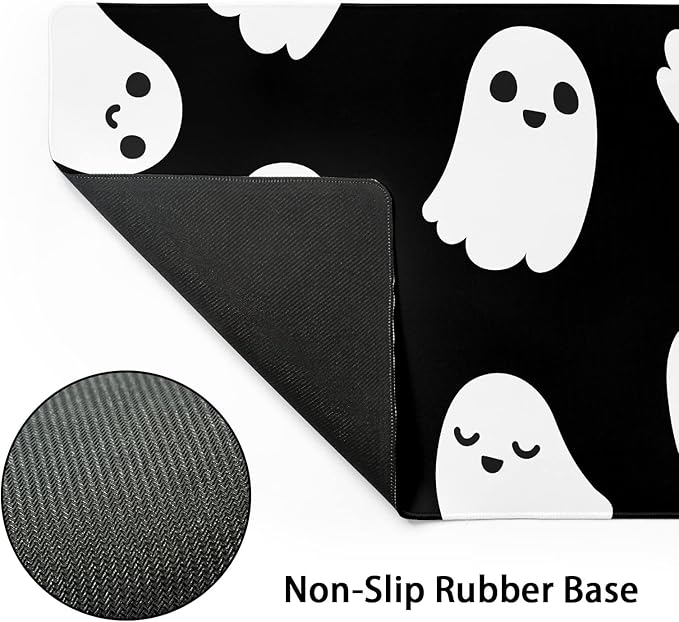 Halloween Cute Ghost Mouse Pad Kawaii Cartoon Spooky Funny Spirit Extended Desk Mat Non-Slip Rubber Base Stitched Edge Large XXL Black White Mousepad for Gaming Laptop Computer Desktop 35.4×15.7 in