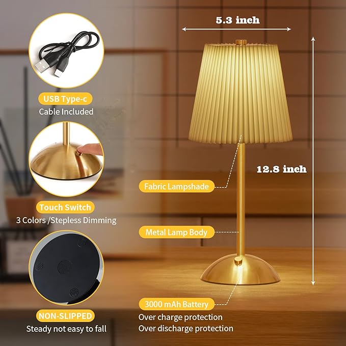 Cordless Table Lamp, 3000mAh Rechargeable Battery Operated Touch Light, Portable 3-Color Dimmable Vintage Ambient Light Beige Fabric Shade for Dining Table/Bedroom/Kitchen/Bar/Bathroom/Entryway/Gift