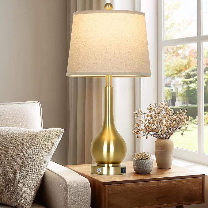 26" Gold Lamps Set of 2 for Living Room, Touch Control Table Lamps for Bedroom, 3-Way Dimmable Bedside Lamps for Nightstand with with USB A+C Ports (2 LED Bulbs Included)