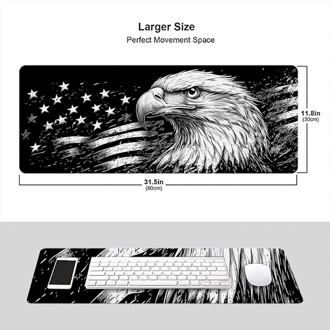 Vintage Eagle American Flag Extended Gaming Mouse Pad Mat with Stitched Edge Non-Slip Base Big Mouse Pad 31.5"x11.8" Office Computer Keyboard Laptop Home