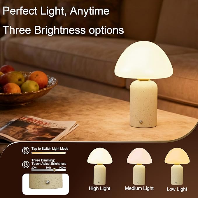 9.8 inch Mushroom Lamp, Cute Cordless Rechargeable Table Lamp with Glass Shade, 3 Color Temps LED Dimmable Ambient Lighting, Small Retro Touch Bedside Light for Decor, Resin Base.