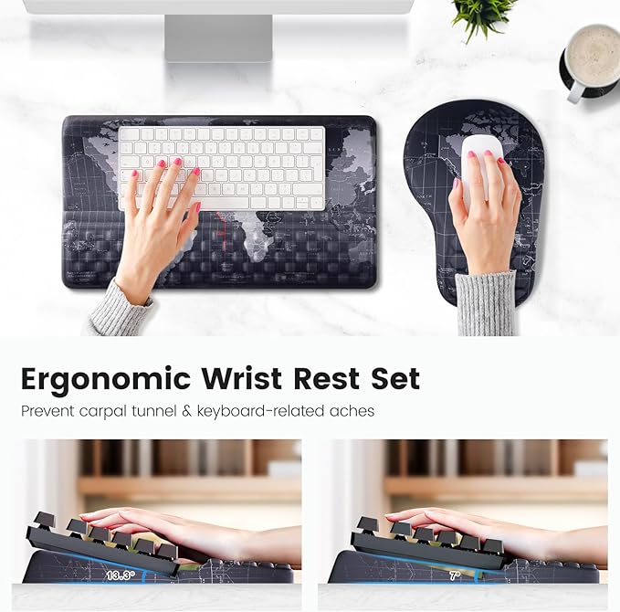 Ospelelf Ergonomic Mouse Pad and Keyboard Stand Wrist Rest Set, Memory Foam Comfort, Wrist Support for Typing, Office Desk Accessories, Map