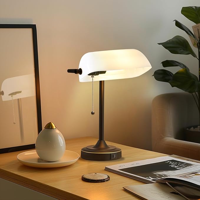Vintage Desk Lamp Bankers Lamp - Plastic Lampshade Black Retro Table Lamp with USB & Type C Charging Ports Traditional Library Lamp for Home Office Nightstand Bedroom Side Table Lamp-Bulb Included