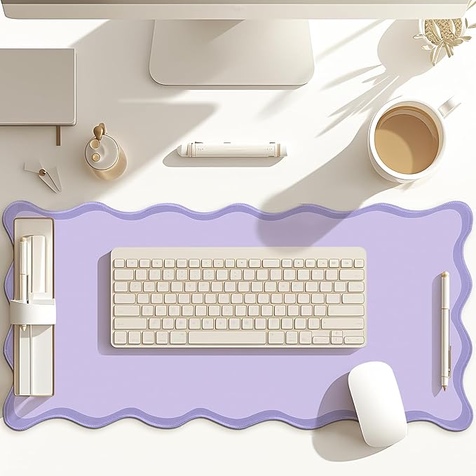 Scalloped Desk Mat Large Scalloped Piping Cute Desk Mat Aesthetic Preppy Table Pad Large Nonslip Pad with Edge Stitching Waterproof Gaming(Purple,23.62 x 13.78 Inches)