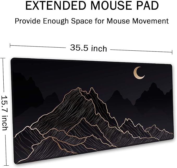 SSOIU Mountain & Moon Landscape Black Desk Mat, Boho & Gaming Mouse Pad, XXL 35.5" X 15.7", Waterproof With Stitched Edges