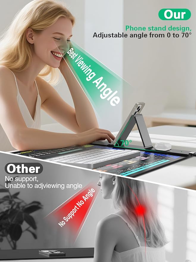 Mouse Pad with Foldable Phone Holder, Wireless Charging Desk Mat with Excel/Word/PowerPoint/Windows Shortcut Keys, 31.5"x15.8" Large Mousepad, XXL Desk Pad with Non-Slip, Waterproof