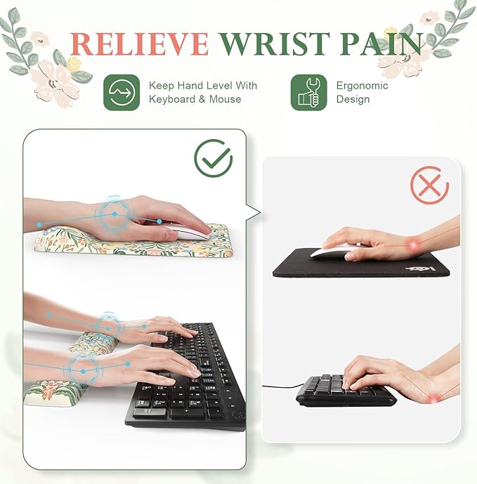 iLeadon Green Floral Desk Cover Mat, Computer Mouse Pad and Keyboard Wrist Rest, Non-Slip Base Keyboard Wrist Rest and Mouse Pad Set, Office Desk Mat Cute for Women (Light Green)