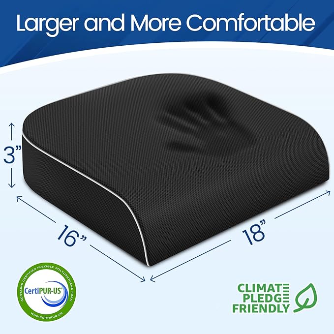 Seat Cushion for Tailbone Pain Relief, Office Chair Cushion, Memory Foam Large Chair Cushion with Non-Slip Cover for Soft Support at Office Chair, Car Seat, Airplane Black/Large