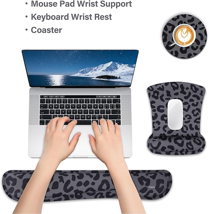 MOSISO Wrist Rest Support for Mouse Pad&Keyboard Set, Leopard Grain Ergonomic Mousepad&Coaster Non-Slip Base Home/Office Easy Typing Cushion with Neoprene Cloth&Raised Memory Foam, Black