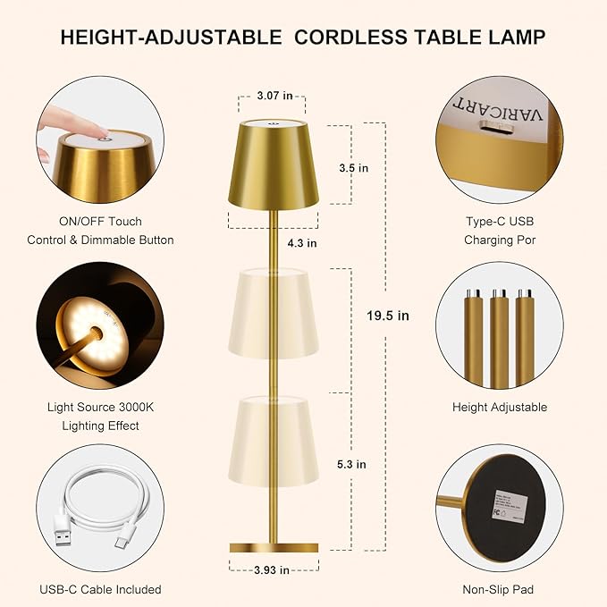 Gold Cordless Table Lamp,8-20 Inches Adjustable Height, 5000mAh Rechargeable LED Desk Lamp, 3 Color Stepless Dimmable, Portable Table Light for Indoor/Outdoor