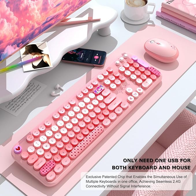 Wireless Keyboard and Mouse Combo, 104 Round Keys Full-Size Cute Colorful Pink Cordless Keyboard and Mouse with Retro Typewriter for PC/Mac/Laptop/Tablet/Computer/Windows Pink