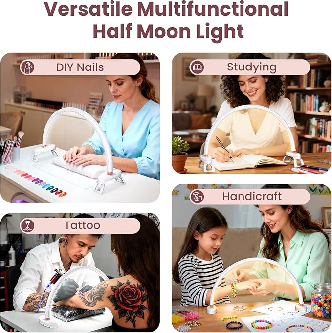 Yokilly Arc Half Moon Light: 16" Half Moon Light with Foldable Bracket for Desk Salon Table Use - No Flicker & Shadow-Free Desk Lamp with Stepless Brightness 3000-6500K for Manicurist Nail Tech
