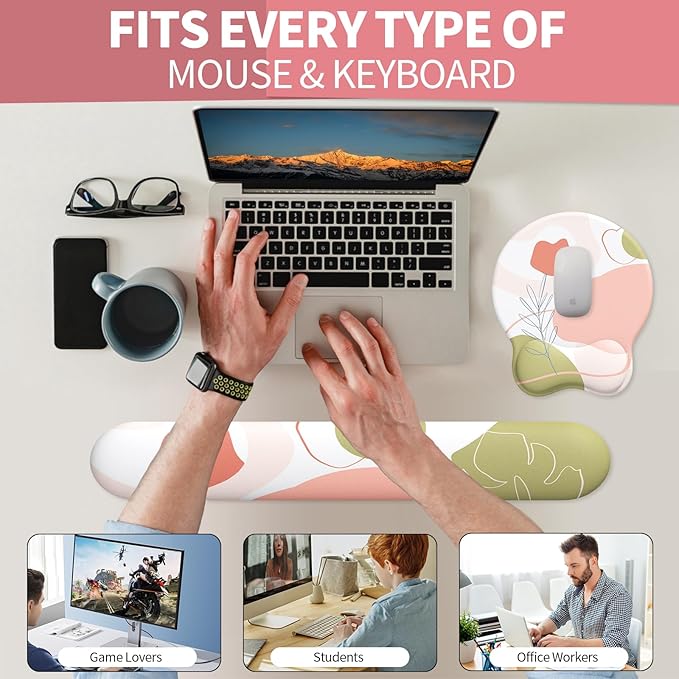 eulps Mouse Pad Wrist Support, Ergonomic Memory Foam Keyboard Wrist Pad & Gel Wrist Rest Set for Computer Keyboard for Easy Typing for Office & Home (Rose Set)