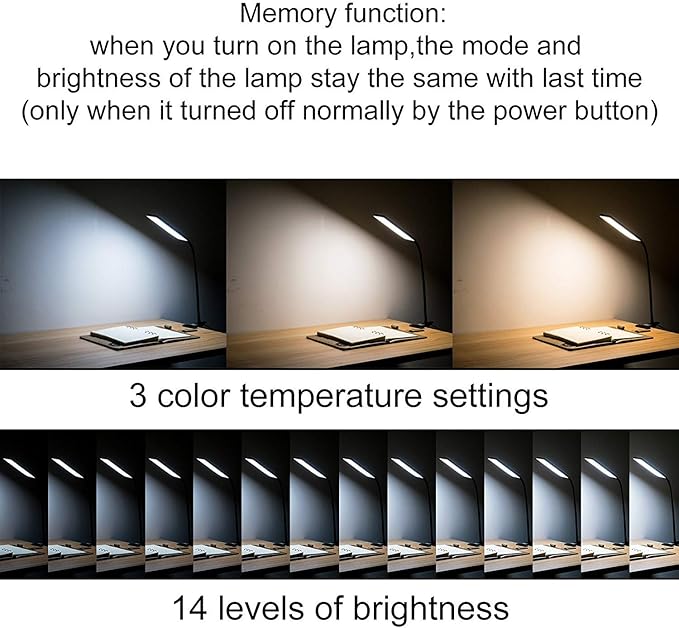 LED Desk Lamp - Dimmable Eye-Care Reading Light with Adjustable 3 Color Modes, 14 Brightness Levels, Flexible Gooseneck Clip-on Light for Studying, 5W-Black