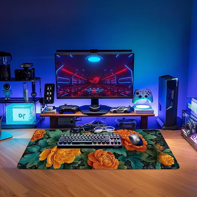 Retro Flower Spring Extended Gaming Mouse Pad 31.5x11.8inches Large Desk Mat Anti-Slip Rubber Base & Durable Stitched Edges for Gamers Smooth Mouse Writing Surface for Desk Office/Home