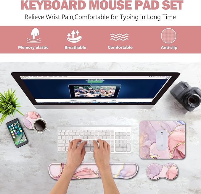 AIMSA Keyboard Wrist Rest Support + Mouse Pad + Mouse Wrist Rest + Coaster, Ergonomic Memory Foam Anti-Slip Rubber Base 4 PCS Set Easy Typing Pain Relief, Pink Purple Marble