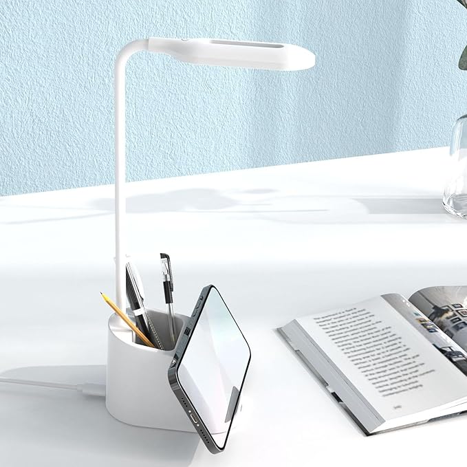 Dpofirs Flexible Gooseneck Desk Lamp with 15W Wireless Charger & Pen Holder, Adjustable LED EyeCaring Light, Touch Control, TypeC for Home Office (White)