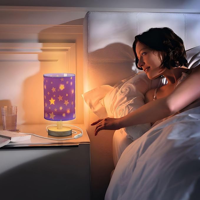 Purple Star LED Table Lamp, Bedside Lamp with Linen Lampshade, Flicker-Free Eye Care USB Plug in Nightstand Lamp, for Bedroom and Office