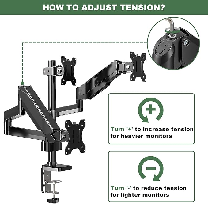 Triple Monitor Desk Mount for Three Flat/Curved Computer Screens up to 27 inch, Fully Adjustable Gas Spring Triple Monitor Arms Hold up to 17.6lbs, VESA 75x75/100x100mm