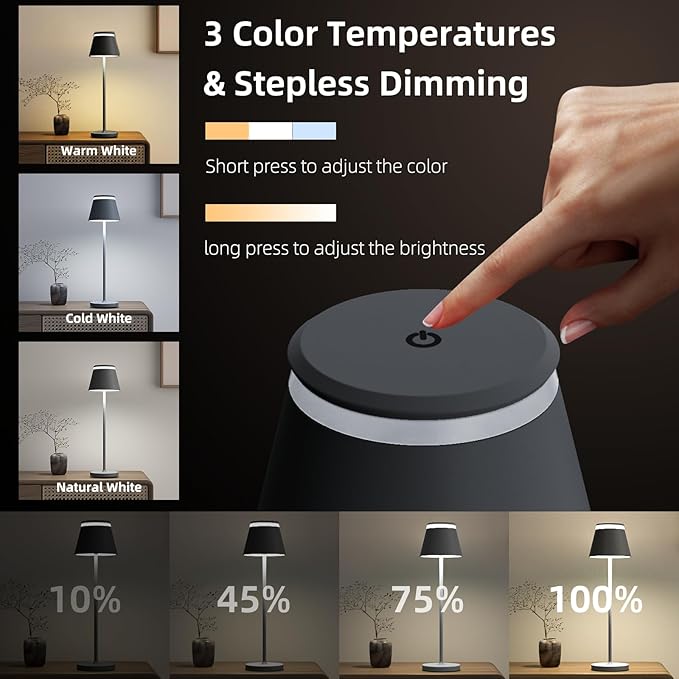 Cordless Table Lamps Set of 2 | USB Charging or Rechargeable Base | LED Lights Touch Operated or Remote Control | Desk Lamp 3 Color Stepless Dimmable | Wireless & Portable Light for Home Outdoor