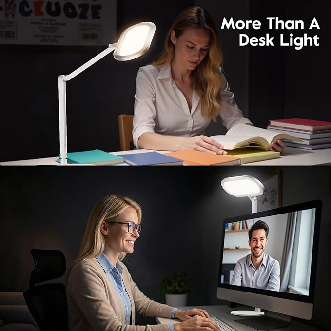 LED Desk Lamp for Home Office – Professional Double-Sided Lighting, Eye-Caring Computer Lamp with Knob Remote, Stepless Dimming & Color, Memory, for Zoom, Studying, Streaming & Video Conference, White