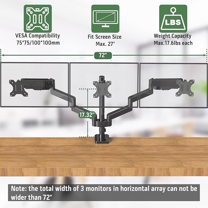 Triple Monitor Desk Mount for Three Flat/Curved Computer Screens up to 27 inch, Fully Adjustable Gas Spring Triple Monitor Arms Hold up to 17.6lbs, VESA 75x75/100x100mm