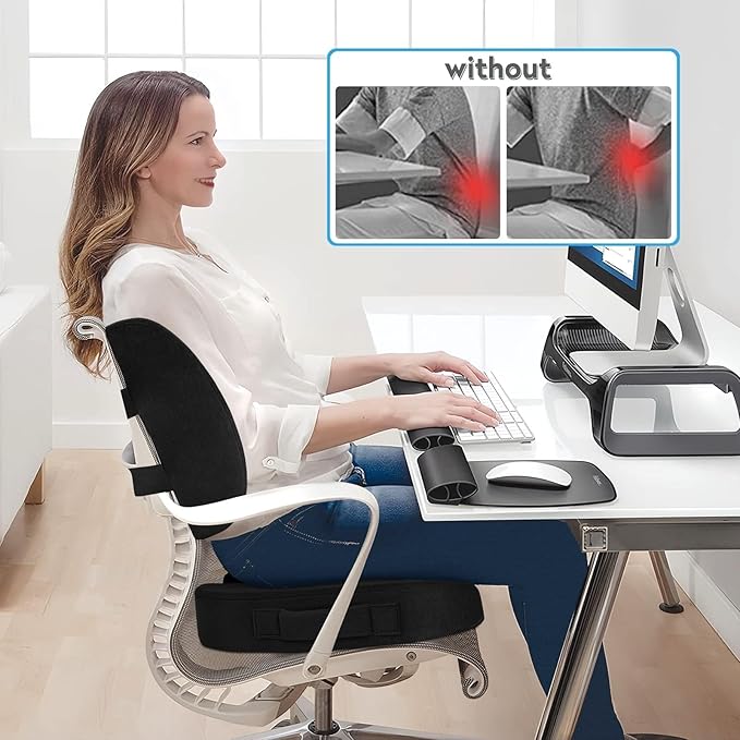 CloudBliss Seat Cushion, Office Chair Cushion, Car Seat Cushion, Lumbar Support Pillow for Office Chair, Back Support Memory Foam Pillow Coccyx Cushion for Tailbone & Coccyx Support, Black, X-Large