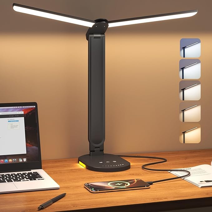 LED Desk Lamp with Dimmable Light, 5 Color Temperatures 3000K-6500K, 10 Brightness Levels, Modern Task Light for Home Office, 2 Pack