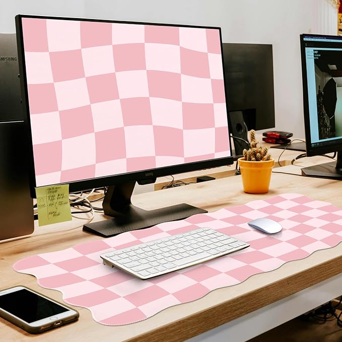 L-SPOUTTO Pink Mouse Pad,Geometric Desk Mat XXL Large Scalloped Gaming Mousepad,35.4x15.7in Non-Slip Rubber Base Keyboard Pad Waterproof Desktop Mat for Laptop Computer Game Home Office-Checkered