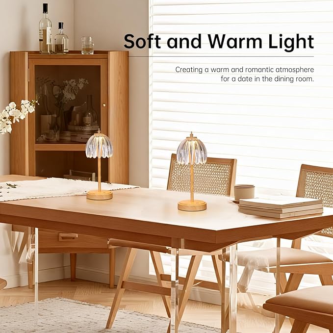 Tulip Table Lamp with 5200mAh Battery & Touch Control, Small Cordless Table Lamp with 3 Colors, Rechargeable Battery Operated Table Lamps for Bedroom, Desk, Bedside (Transparent-Beech Color)