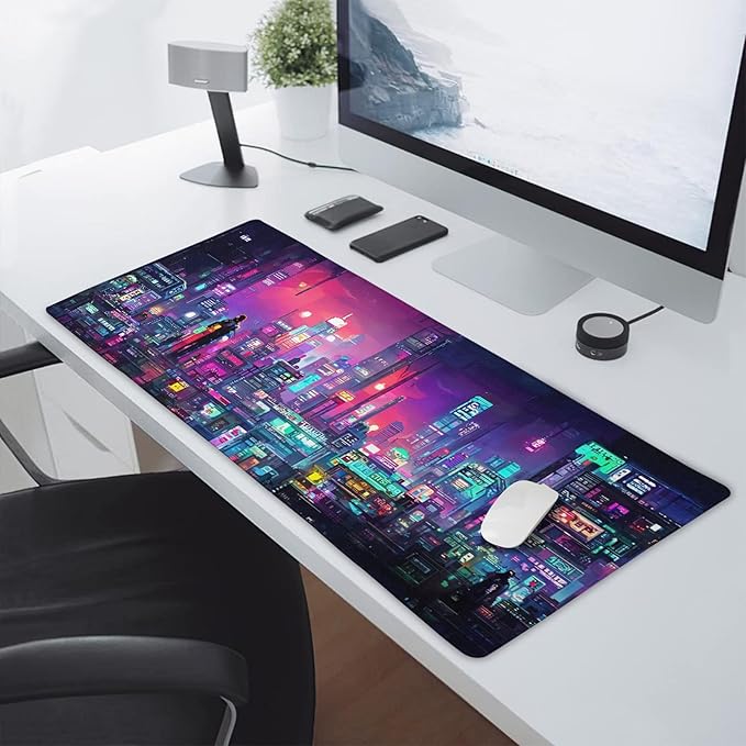 aportt Retro Japanese Anime Gaming Mouse Pad XXL Cool Dark Purple Red Vaporwave City Extended Large Desk Mat Big Mousepad Non-Slip Rubber Base Stitched Edge Long for Computer, 35.4x15.7 in