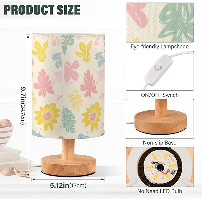 Pastel Floral LED Table Lamp, Bedside Lamp with Linen Lampshade, Flicker-Free Eye Care USB Plug in Nightstand Lamp, for Bedroom and Office