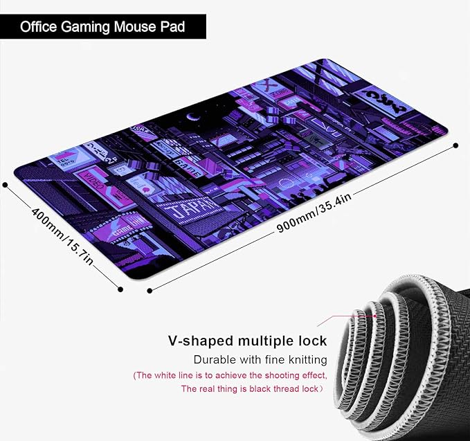 Dark Purple Japanese Anime Desk Mat, Retro Vaporwave Large Gaming Mouse Pad for Laptop Computer, Neon Tokyo Street Pixel Art Full Desk Mouse Pad, XXL Skyline City Mousepad- 35.4 x 15.7 Inch