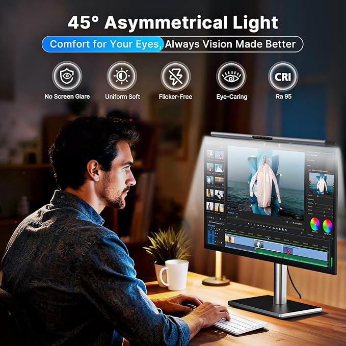 Syrinx Computer Monitor Light Bar with Backlight for Home Office, Eye-Caring USB LED Reading Lamp, Dimmable Screen Monitor Lamp, Smart Motion Sensor, Touch Control, CRI 95+, No Screen Glare for Basic