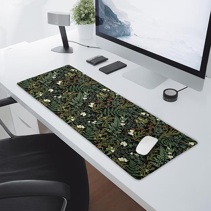 aportt Black Aesthetic Vintage Botanical Gaming Mouse Pad XL Cute Forest Green Plant Nature Floral Extended Large Big Mousepad Non-Slip Stitched Edge Long Mat for Desk Office Computer,31.5×11.8 in