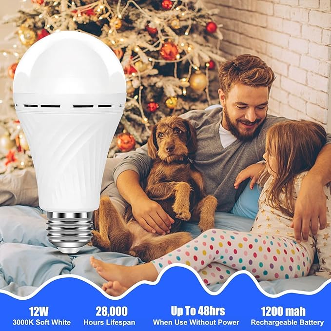 Neporal LITE Emergency Rechargeable Light Bulbs A19, Light Up to 48 hrs, Battery Operated Light Bulb, 5000K E26 LED Bulb, Emergency Lights for Home Power Failure (Soft White-4PK, 12, Watts)
