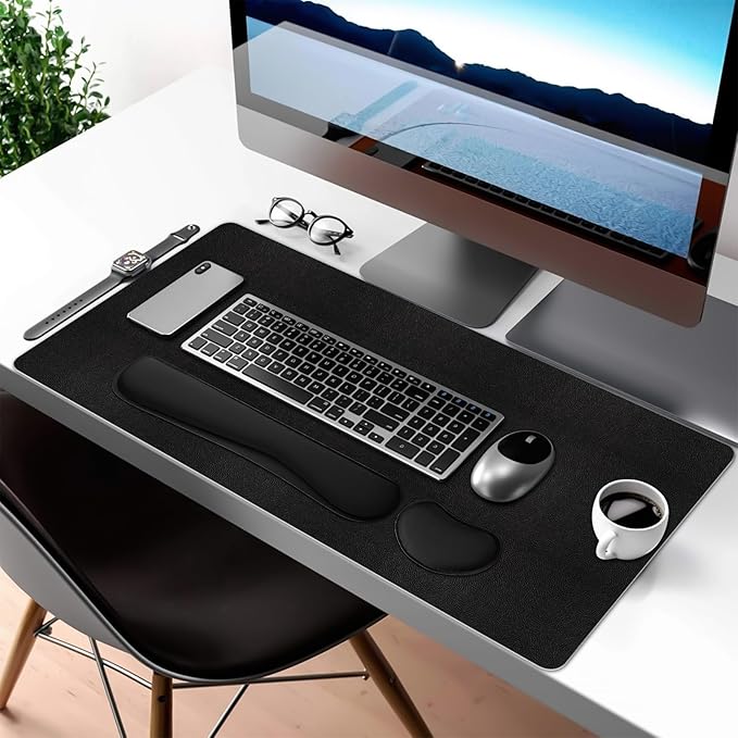 Desk Pad Mat Set,3-in-1Large Mouse Pads with Wrist Rest and Keyboard Pad, Desk Mats for Keyboards and Mouses, Ergonomic Keyboard and Mouse Mat Set for Office Home(Black Grey,31.5" x 15.7")