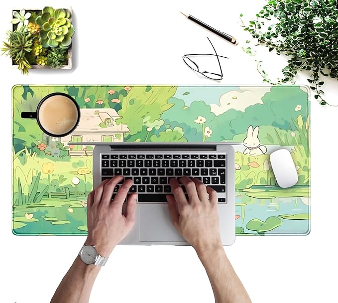 Cute Anime Bunny Forrest Green Mouse Pad Xl-31.5x15.7in-Desk Mousepad-Extended Aesthetic Keyboard Mouse Pad-for Desk Kid Girl with Stitched Edges Non-Slip Cozy Office Decor