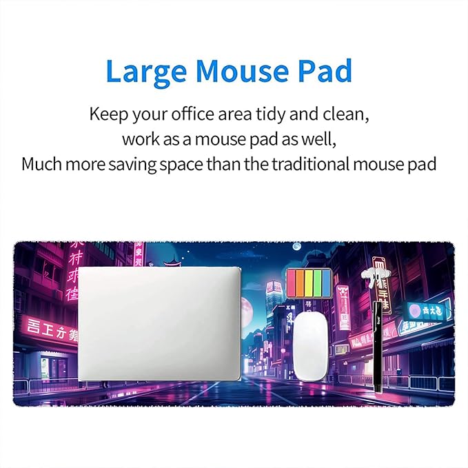 Tokyo Anime City Gaming Mouse Pad Cyberpunk Neon Streets Large Gaming Mouse Mat with Stitched Edges,Non-Slip Waterproof Rubber Base Mous Mat 31.5"x11.8" Office Computer Keyboard Laptop Home