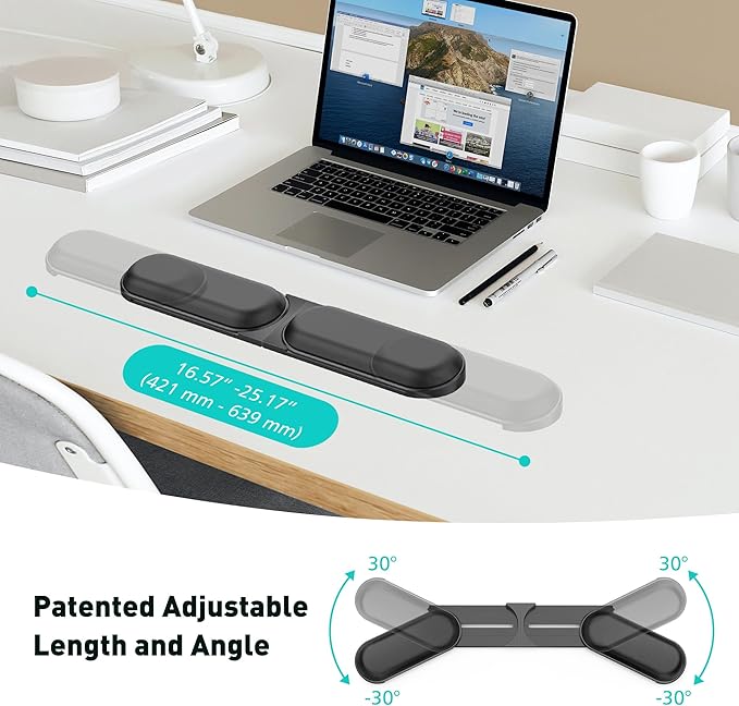 Adjustable Keyboard Wrist Rest, Extendable 16.57" to 25.17" Length & -30° to 30° Angle, Foldable Ergonomic Memory Foam Support for PC, Laptop, Gaming & Office, Waterproof PU Leather, Black