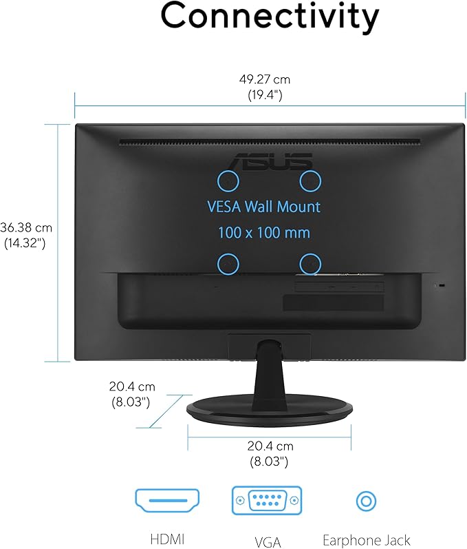 ASUS 22” 1080P Eye Care Monitor (VP227HF) - (21.45-inch viewable), Full HD, 99% sRGB, Frameless, 100Hz, Adaptive-Sync, 1ms, HDMI, Low Blue Light, Flicker Free, VESA Wall Mountable, 3 yr Warranty