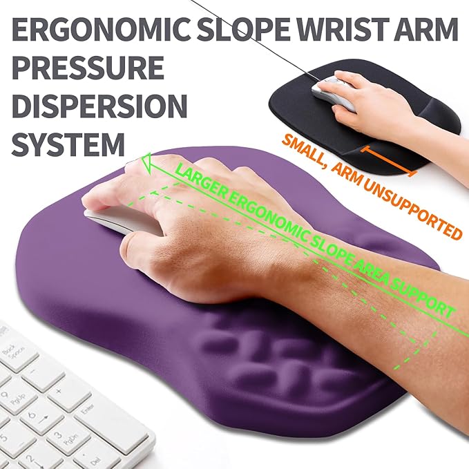 Ergonomic Slope Mouse Pad Wrist Support, Wrist Rest Mousepad for Carpal Tunnel with Massage Bulge and Slow Rebound Memory Foam (12x8 inch, Deep Purple)