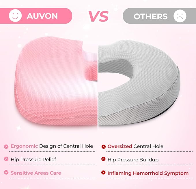 AUVON Innovative Donut Pillow, Scientific Center Hole and Coccyx Cutout, Orthopedic Donut Seat Cushion for Coccyx, Sciatica, After Surgery Sitting Comfort, FSA HSA Eligible